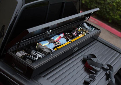 The toolbox on the Truck Covers USA Work Cover Jr open and full of equipment.